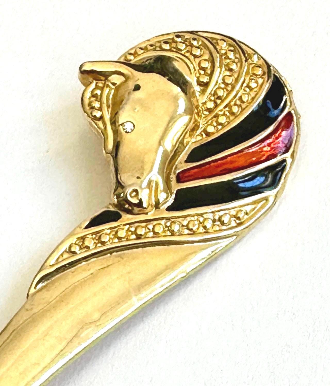 Vintage Gold Horse Brooch Pin 80s Gold Tone Enamel Crystal Equestrian Horse Head