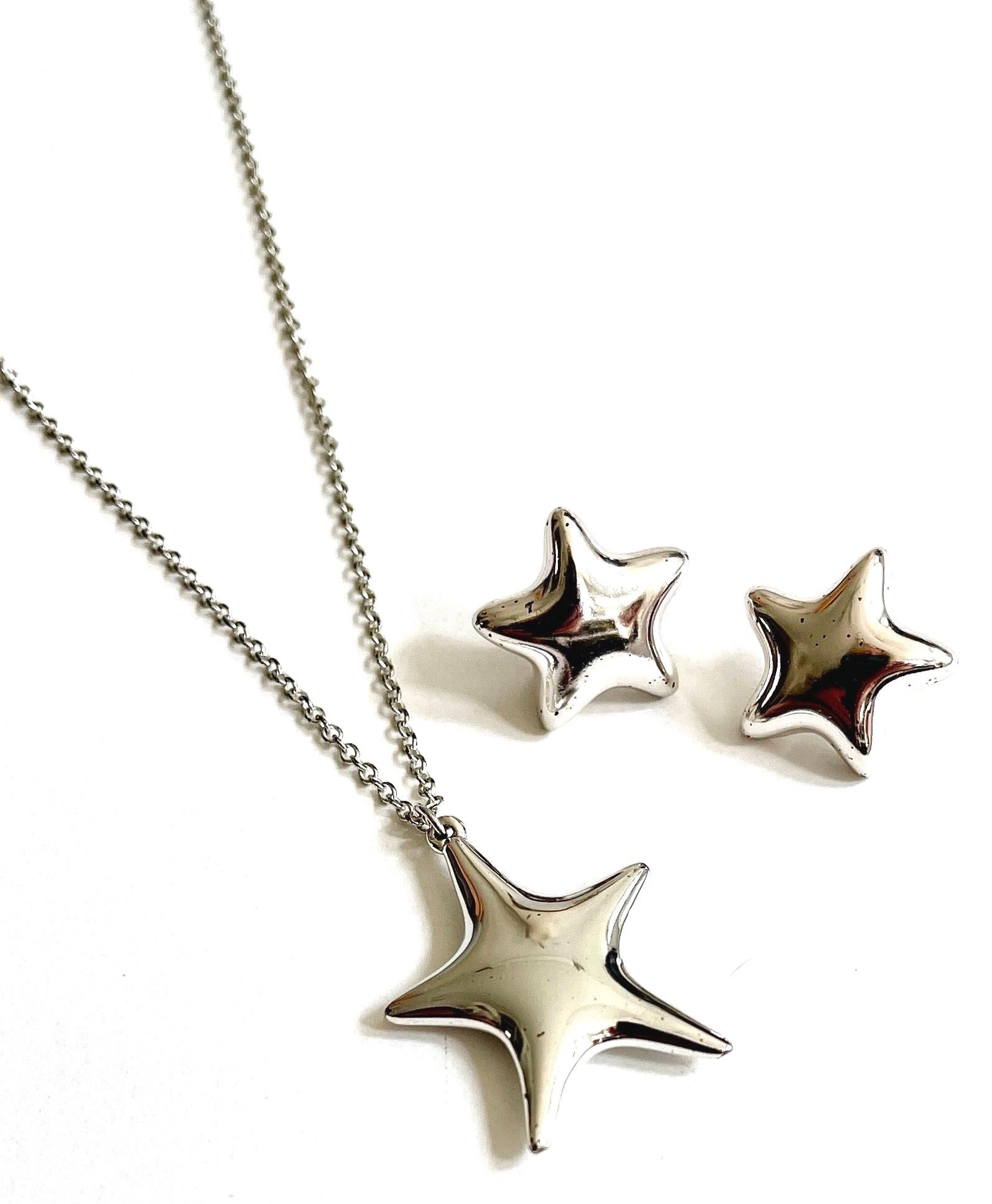 Vintage Monet Star Jewelry Set 80s 90s Silver Tone Costume Jewelry Necklace Earrings
