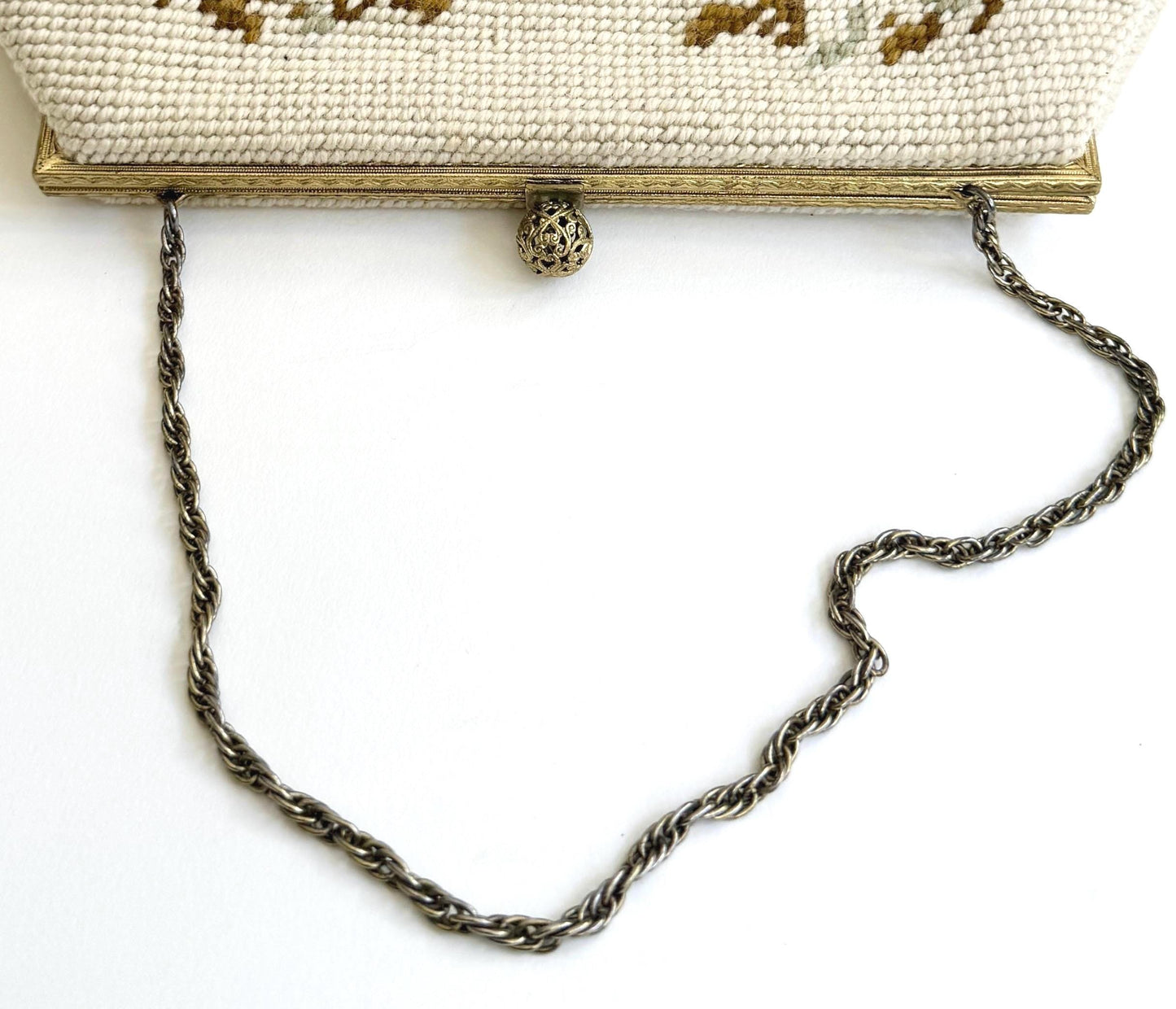 Vintage Floral Needlepoint Bag Purse Mid Century Maud Hundley Rose Victorian Style Gold Tone Frame Chain Strap Natural White Pastel Flowers