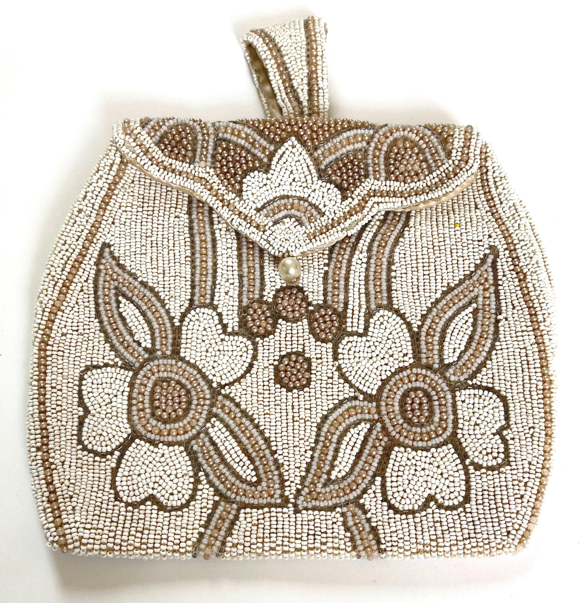 Antique Beaded Finger Purse Bag Wedding Bridal Heirloom Purse Something Old Handmade Ivory Pearl Gold Floral Beadwork