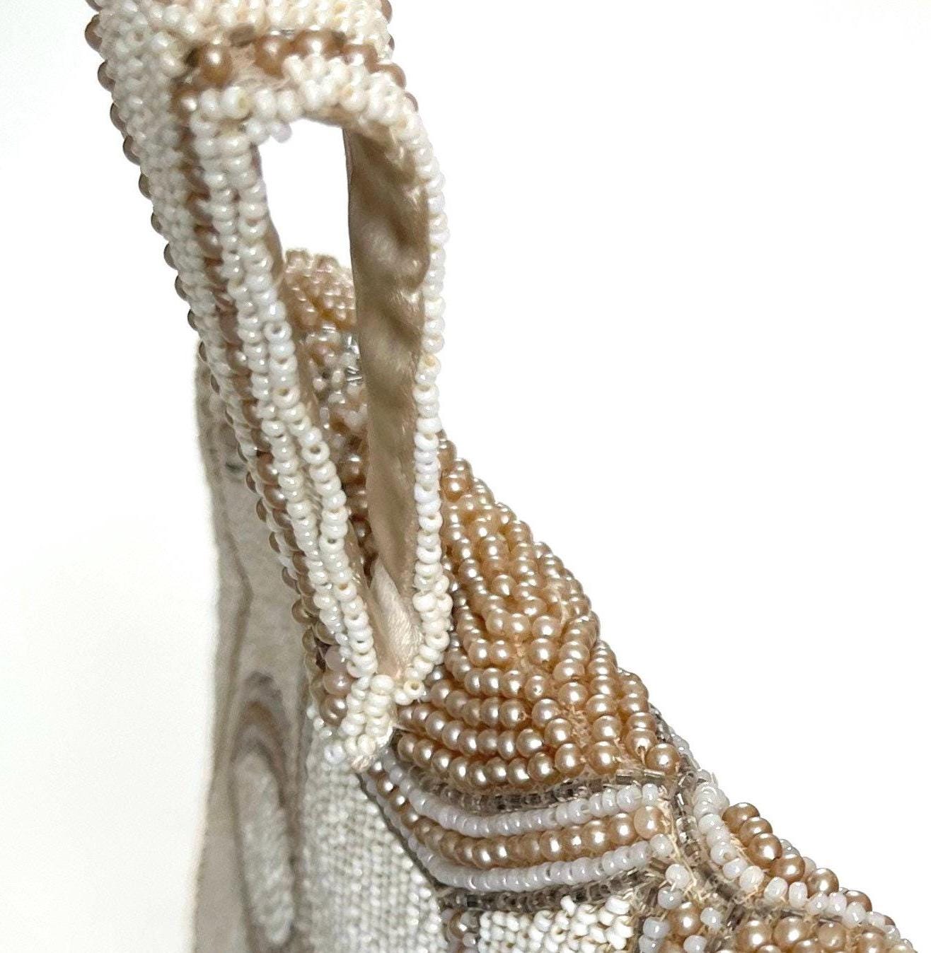 Antique Beaded Finger Purse Bag Wedding Bridal Heirloom Purse Something Old Handmade Ivory Pearl Gold Floral Beadwork