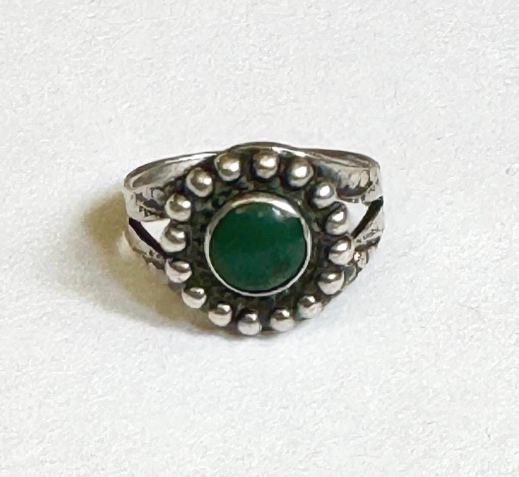 Antique Navajo Turquoise Ring Fred Harvey Era Native American Vintage Stamped Sterling Silver Band Oval Green Turquoise Cabochon Size 6.5