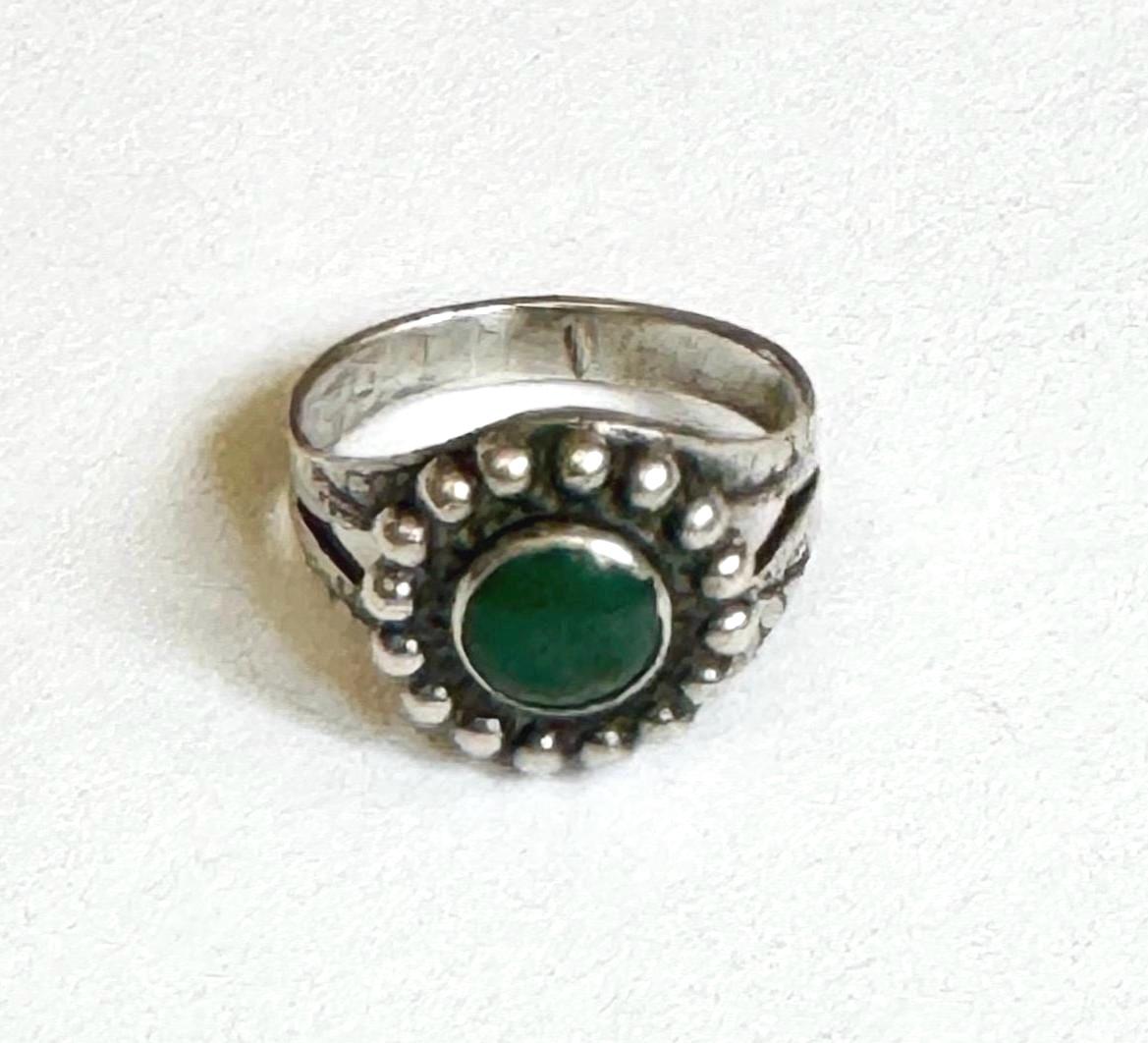 Antique Navajo Turquoise Ring Fred Harvey Era Native American Vintage Stamped Sterling Silver Band Oval Green Turquoise Cabochon Size 6.5
