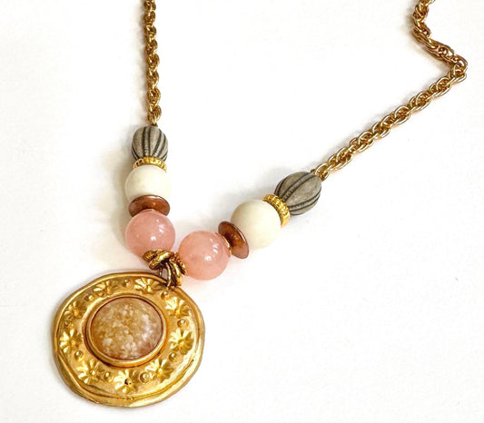 Vintage Gold Medallion Necklace 70s 80s Costume Jewelry Pastel Beaded Gold Chain Boho Pendant Charm Necklace