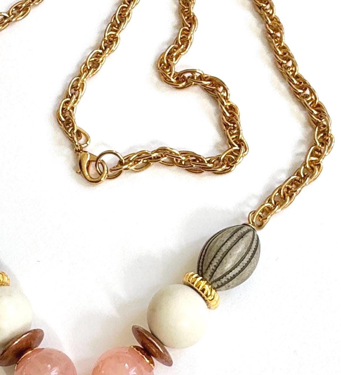 Vintage Gold Medallion Necklace 70s 80s Costume Jewelry Pastel Beaded Gold Chain Boho Pendant Charm Necklace