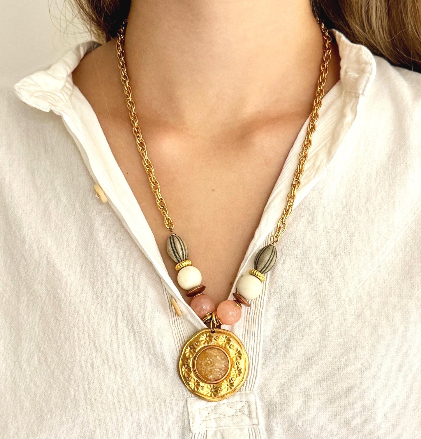 Vintage Gold Medallion Necklace 70s 80s Costume Jewelry Pastel Beaded Gold Chain Boho Pendant Charm Necklace