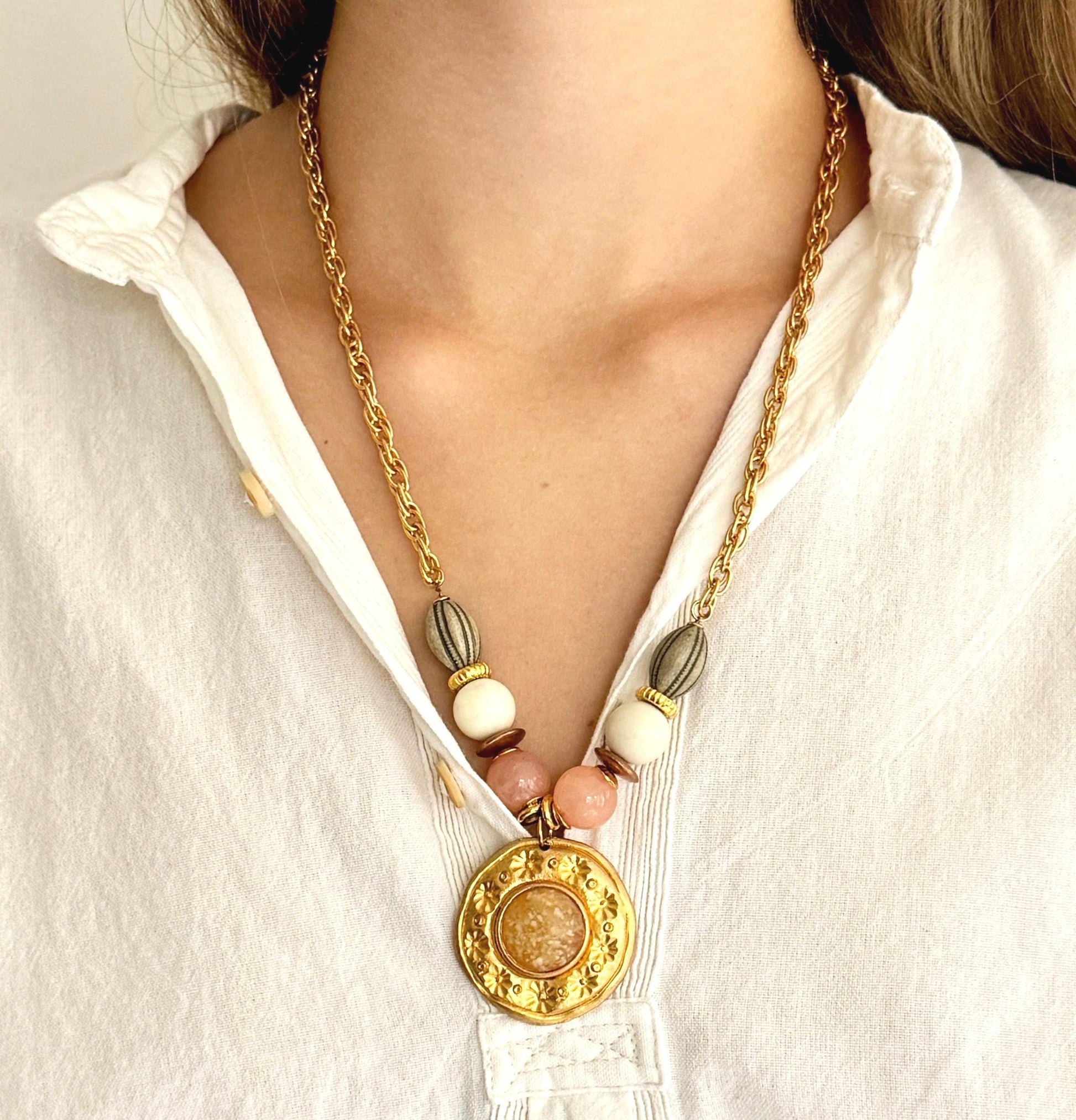 Vintage Gold Medallion Necklace 70s 80s Costume Jewelry Pastel Beaded Gold Chain Boho Pendant Charm Necklace