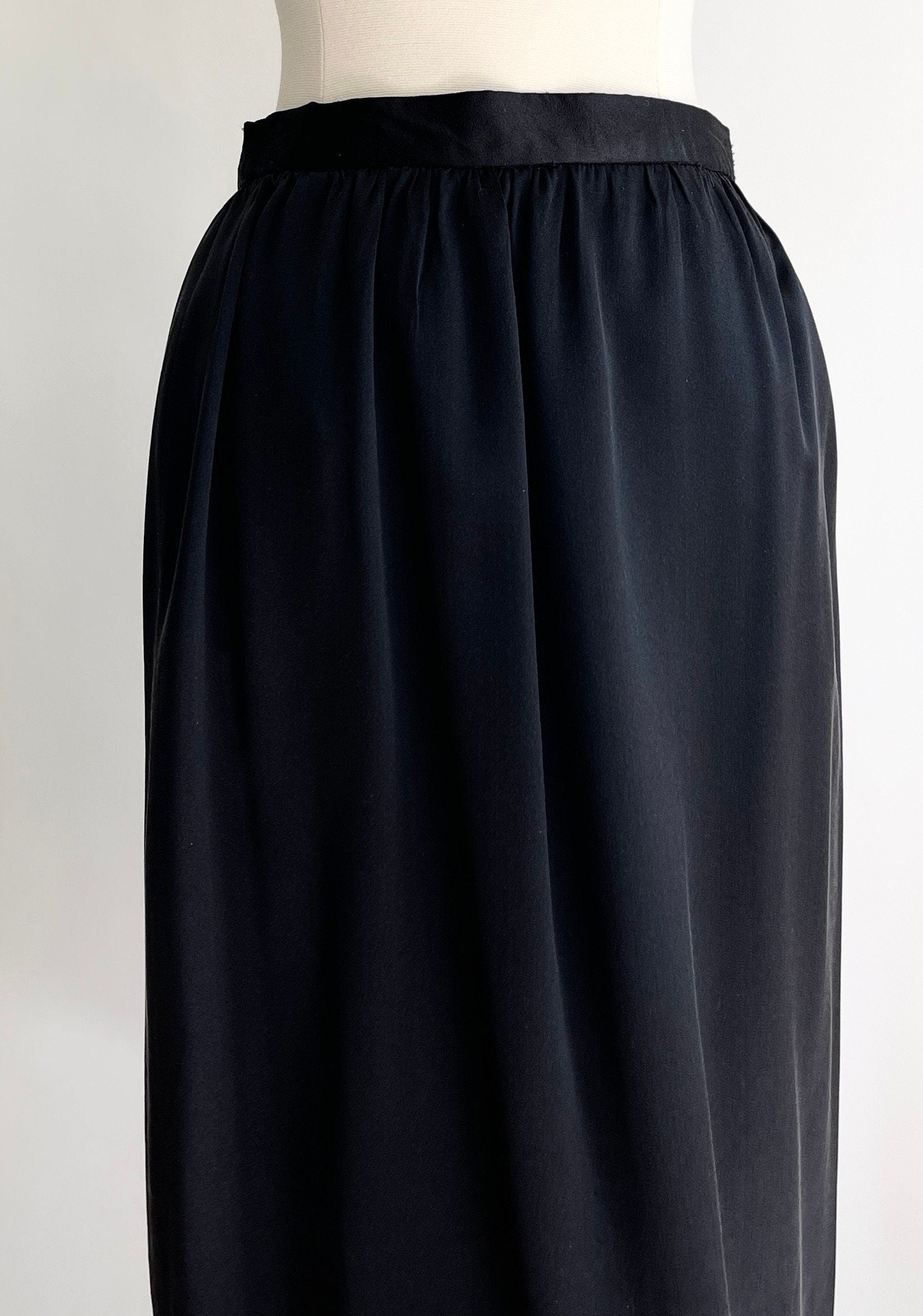 Vintage Black Silk Pencil Skirt Made in USA Maker Signed High Waist Minimalist Simple Solid Black XS