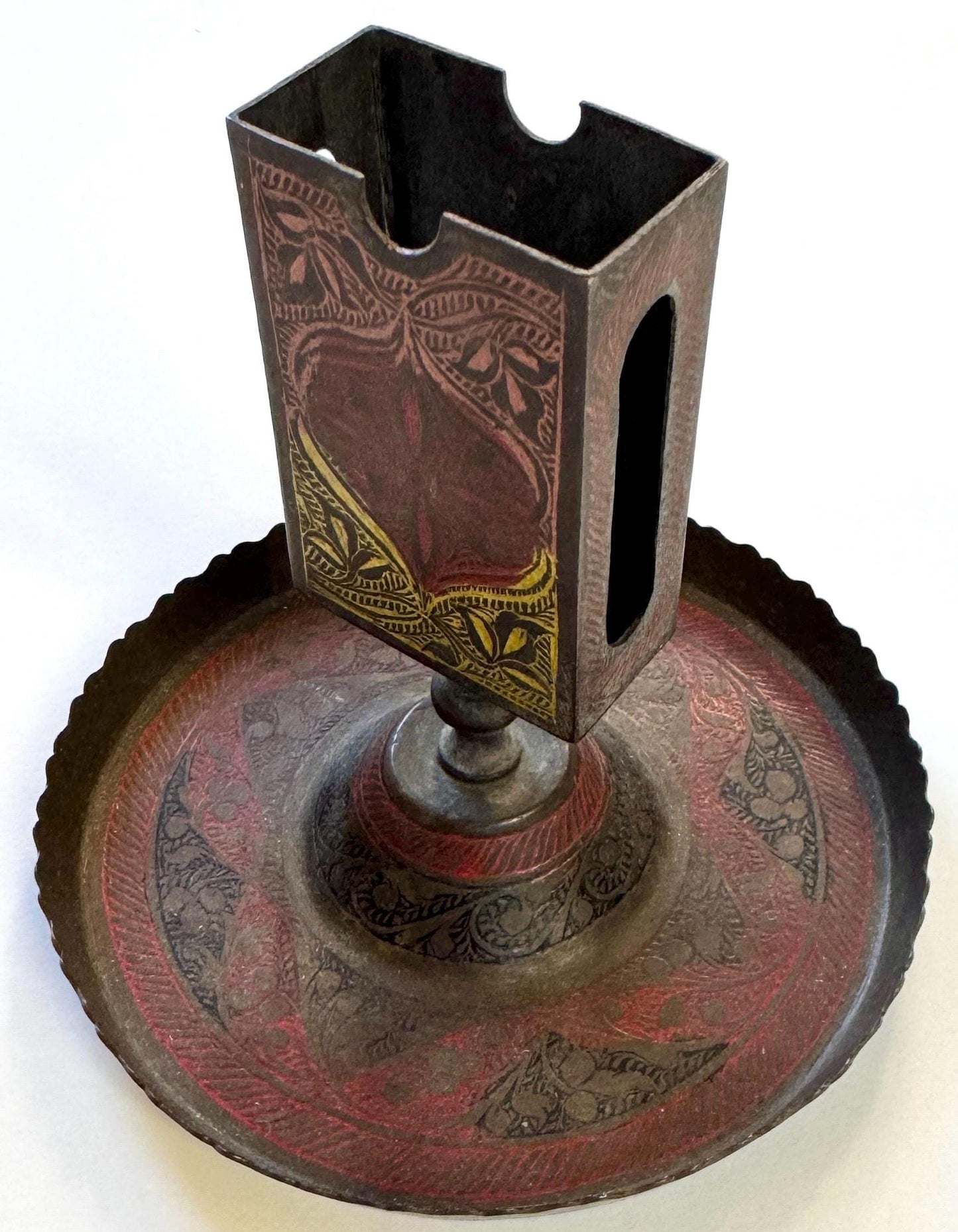 Old Indian Brass Bowl Incense Burner Holder Vintage Painted Floral Flowers Etched Pedestal Dish Made in India Very Aged Patina