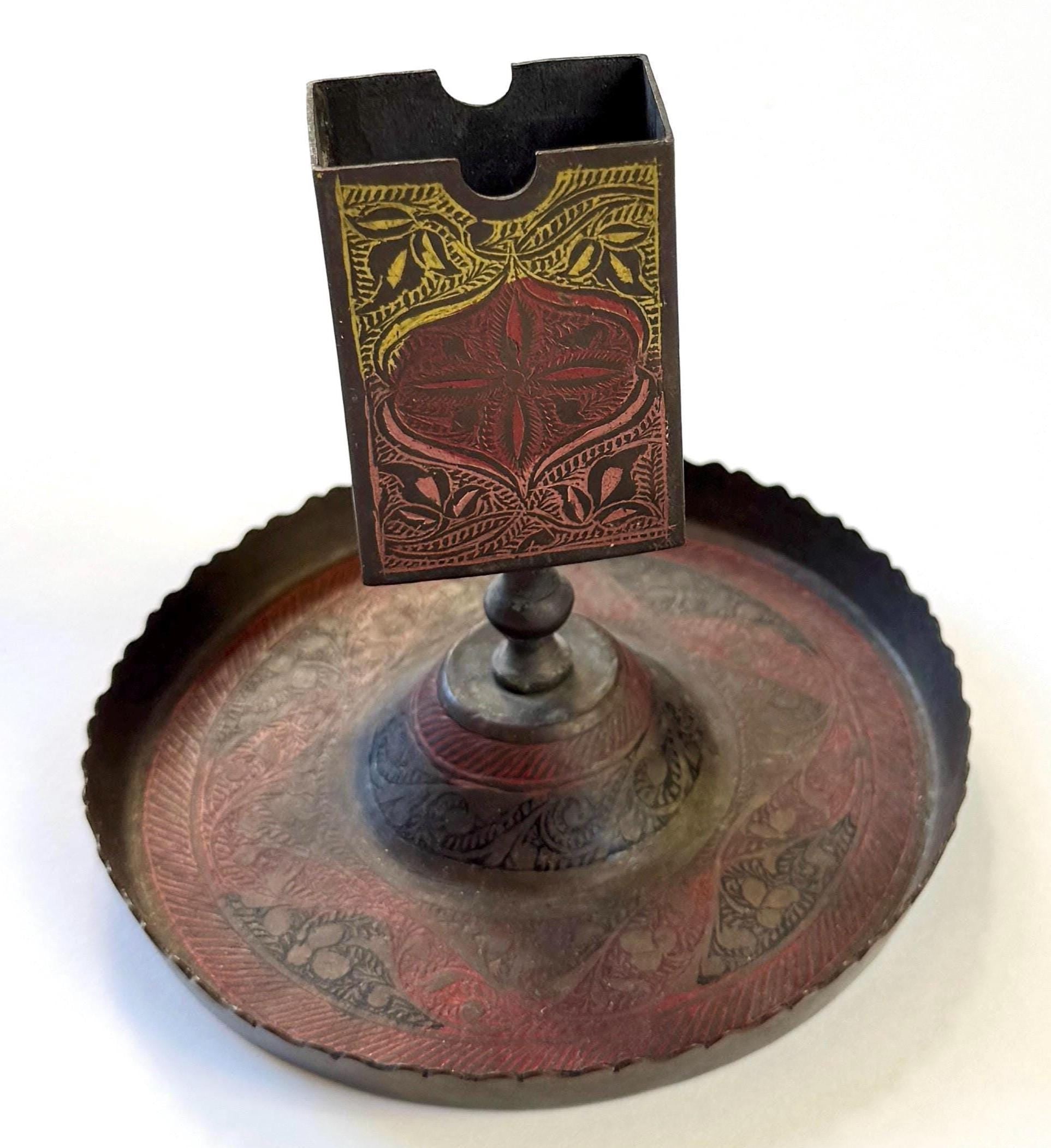 Old Indian Brass Bowl Incense Burner Holder Vintage Painted Floral Flowers Etched Pedestal Dish Made in India Very Aged Patina