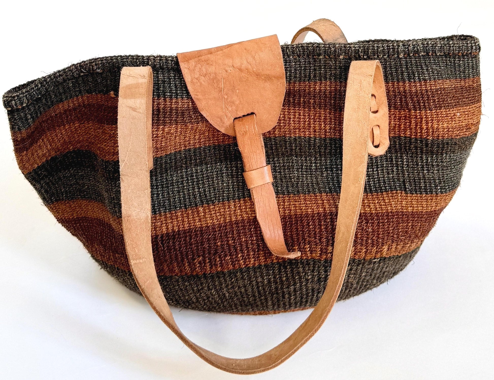 Vintage 90s Sisal Bag Striped Neutral Desert Tones Leather Straps