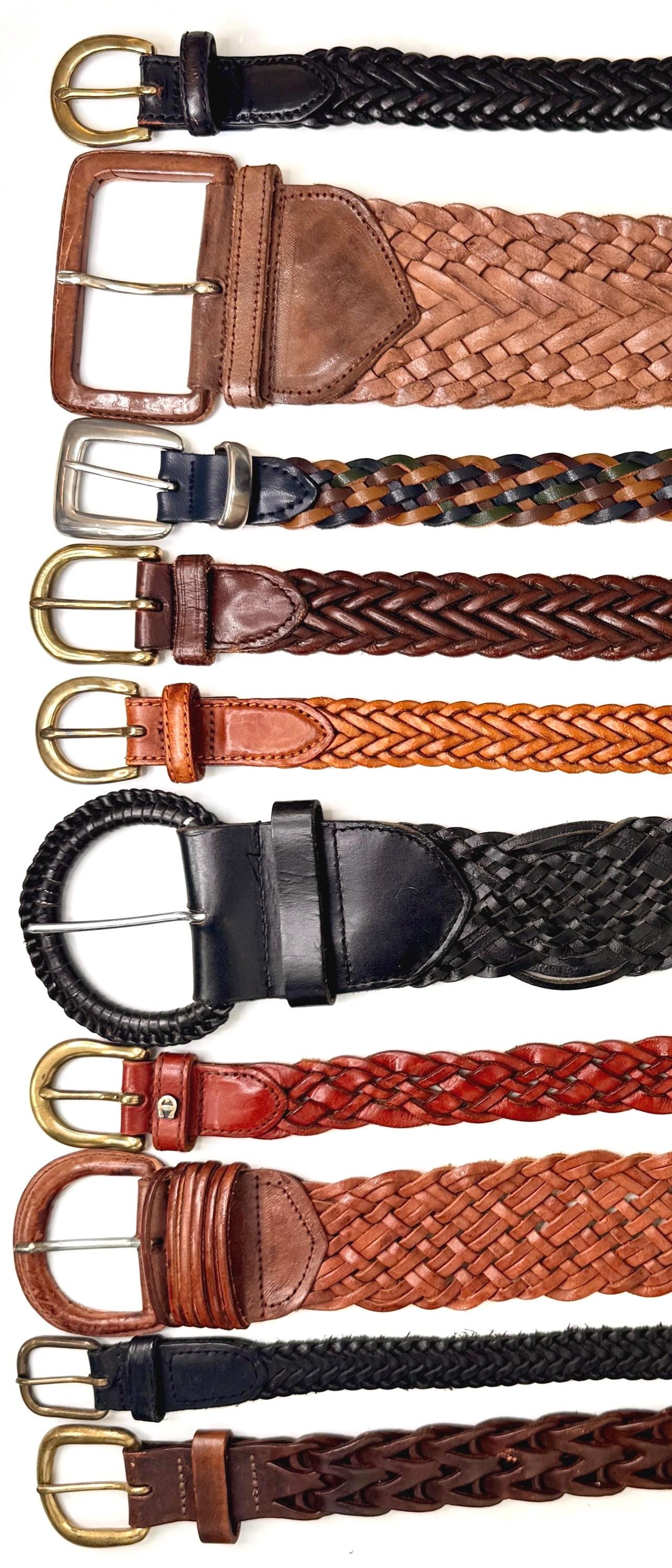 Braided Woven Leather Belt Vintage 80s 90s Minimalist Brown Black Womens Belt Wide Skinny Strap