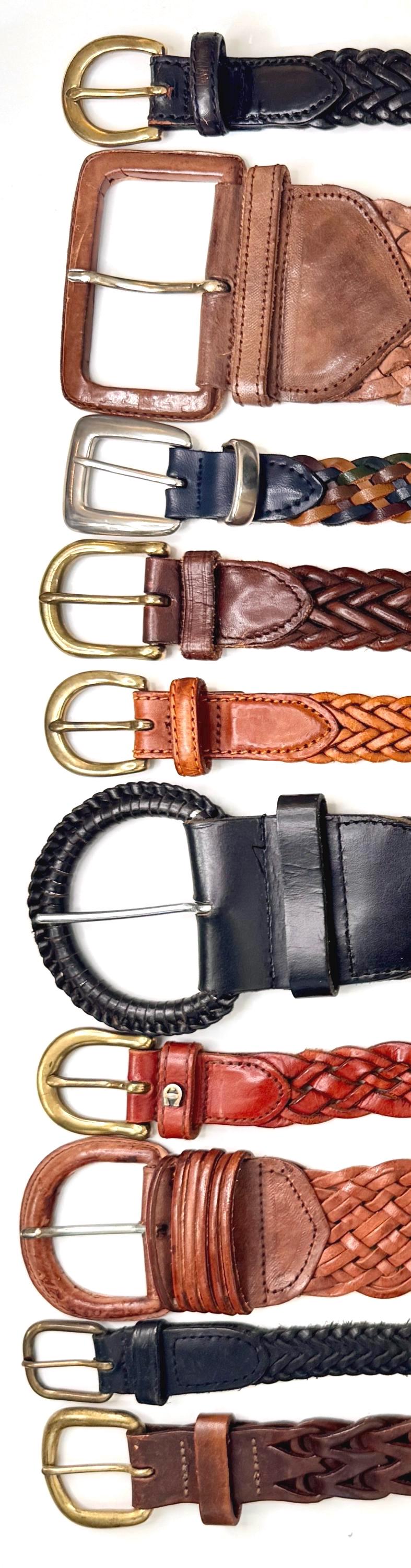 Braided Woven Leather Belt Vintage 80s 90s Minimalist Brown Black Womens Belt Wide Skinny Strap