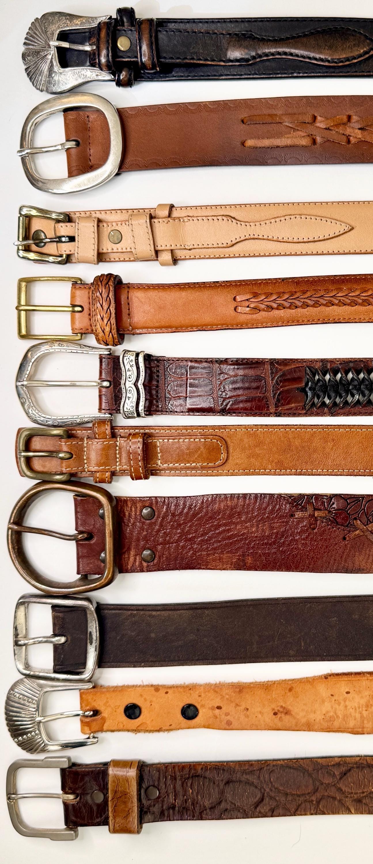 Vintage Western Leather Belt Distressed Rugged Worn Brown Tan Dark Brown Tooled Stitched Woven Strap Mens Women's Cowboy Belt