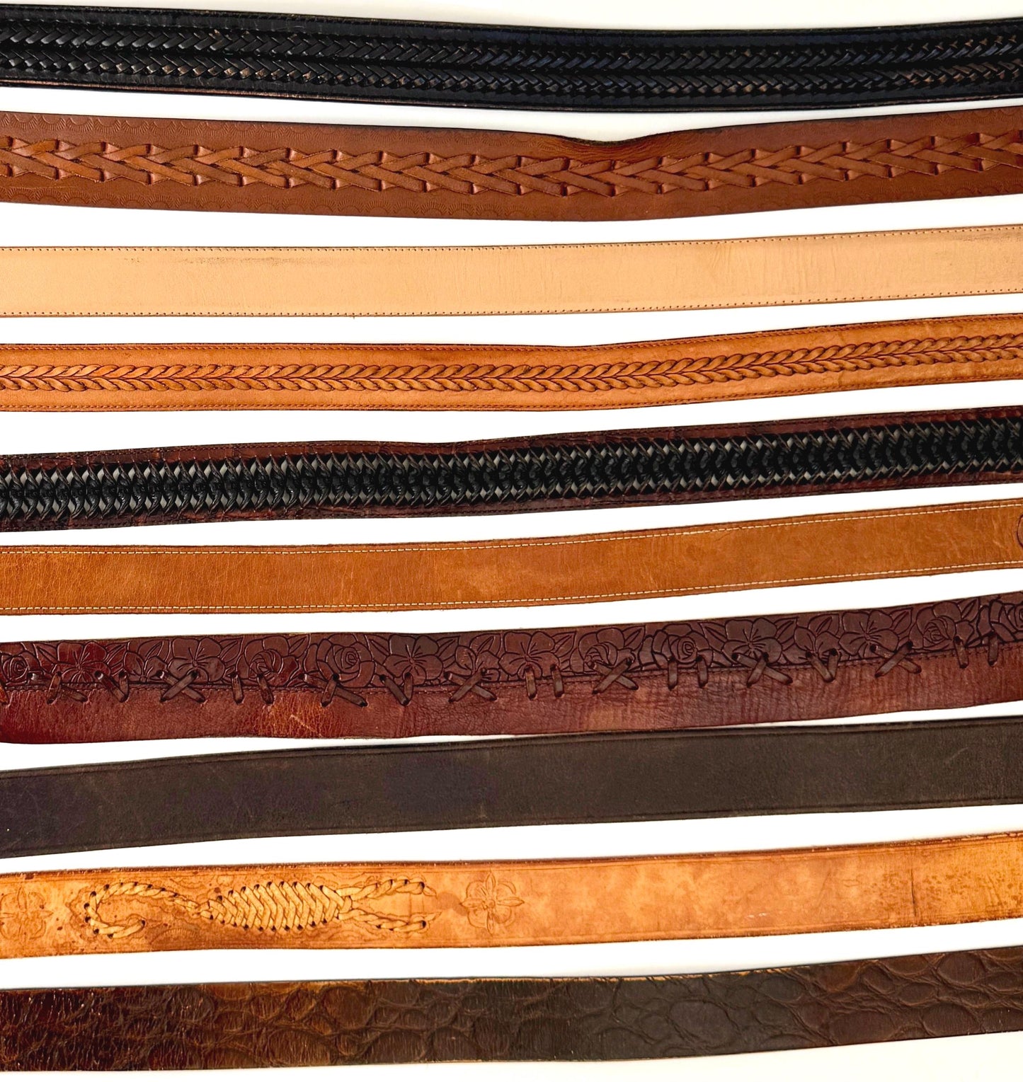 Vintage Western Leather Belt Distressed Rugged Worn Brown Tan Dark Brown Tooled Stitched Woven Strap Mens Women's Cowboy Belt