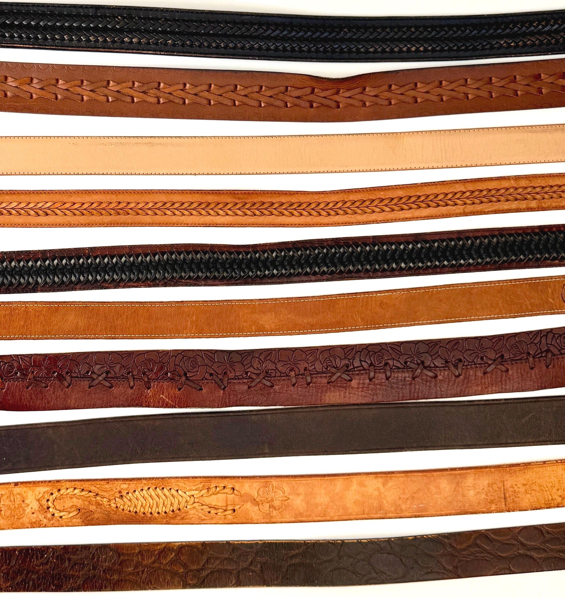 Vintage Western Leather Belt Distressed Rugged Worn Brown Tan Dark Brown Tooled Stitched Woven Strap Mens Women's Cowboy Belt