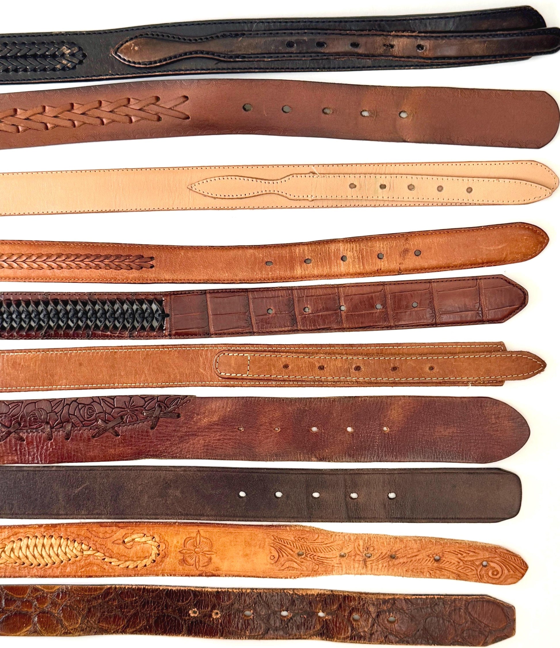 Vintage Western Leather Belt Distressed Rugged Worn Brown Tan Dark Brown Tooled Stitched Woven Strap Mens Women's Cowboy Belt