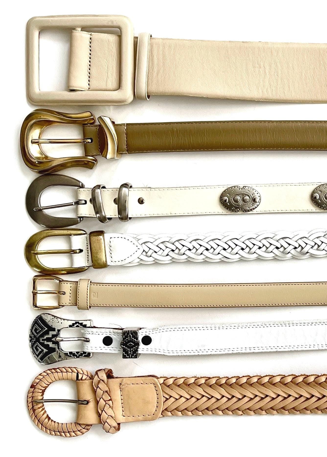 Vintage White Leather Belt Minimalist Braided Concho Western Woven Styles Ivory Beige Light Tan
