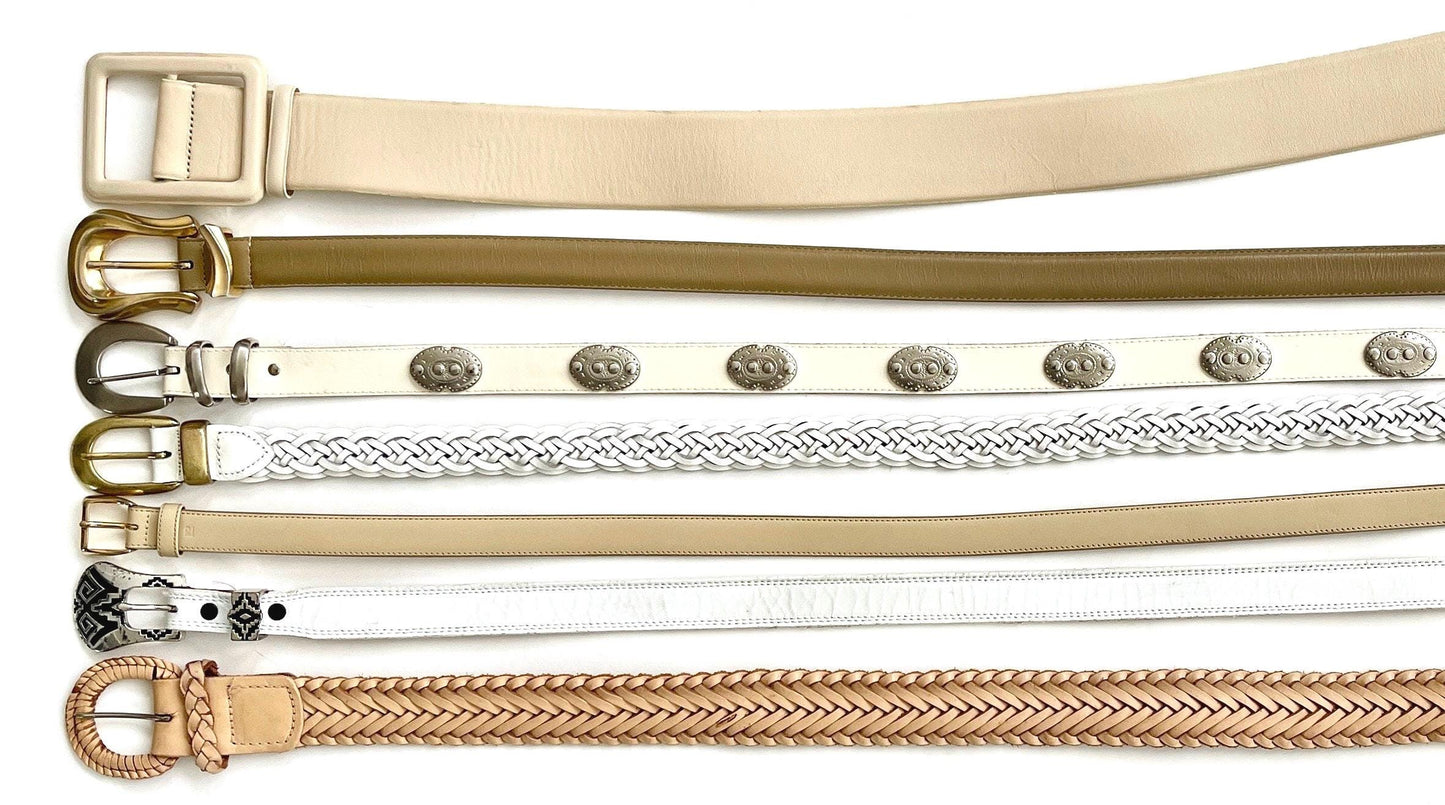 Vintage White Leather Belt Minimalist Braided Concho Western Woven Styles Ivory Beige Light Tan
