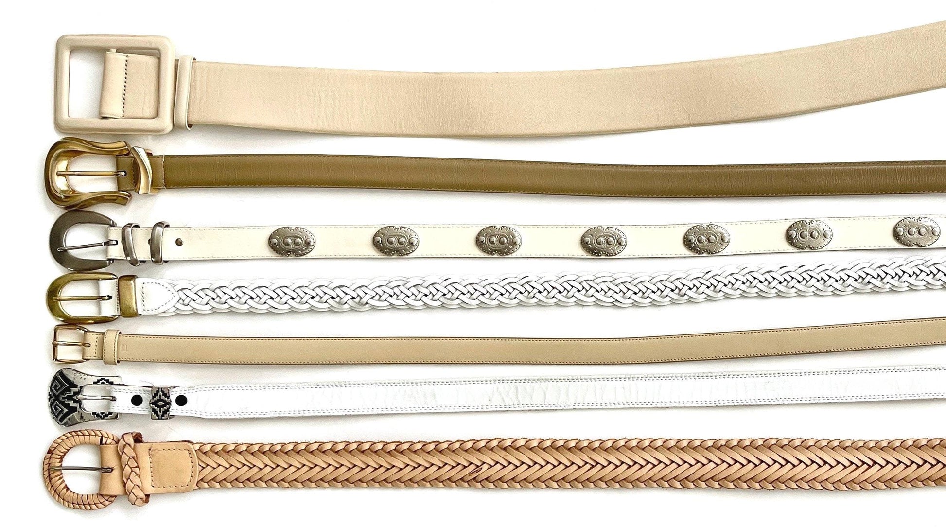 Vintage White Leather Belt Minimalist Braided Concho Western Woven Styles Ivory Beige Light Tan