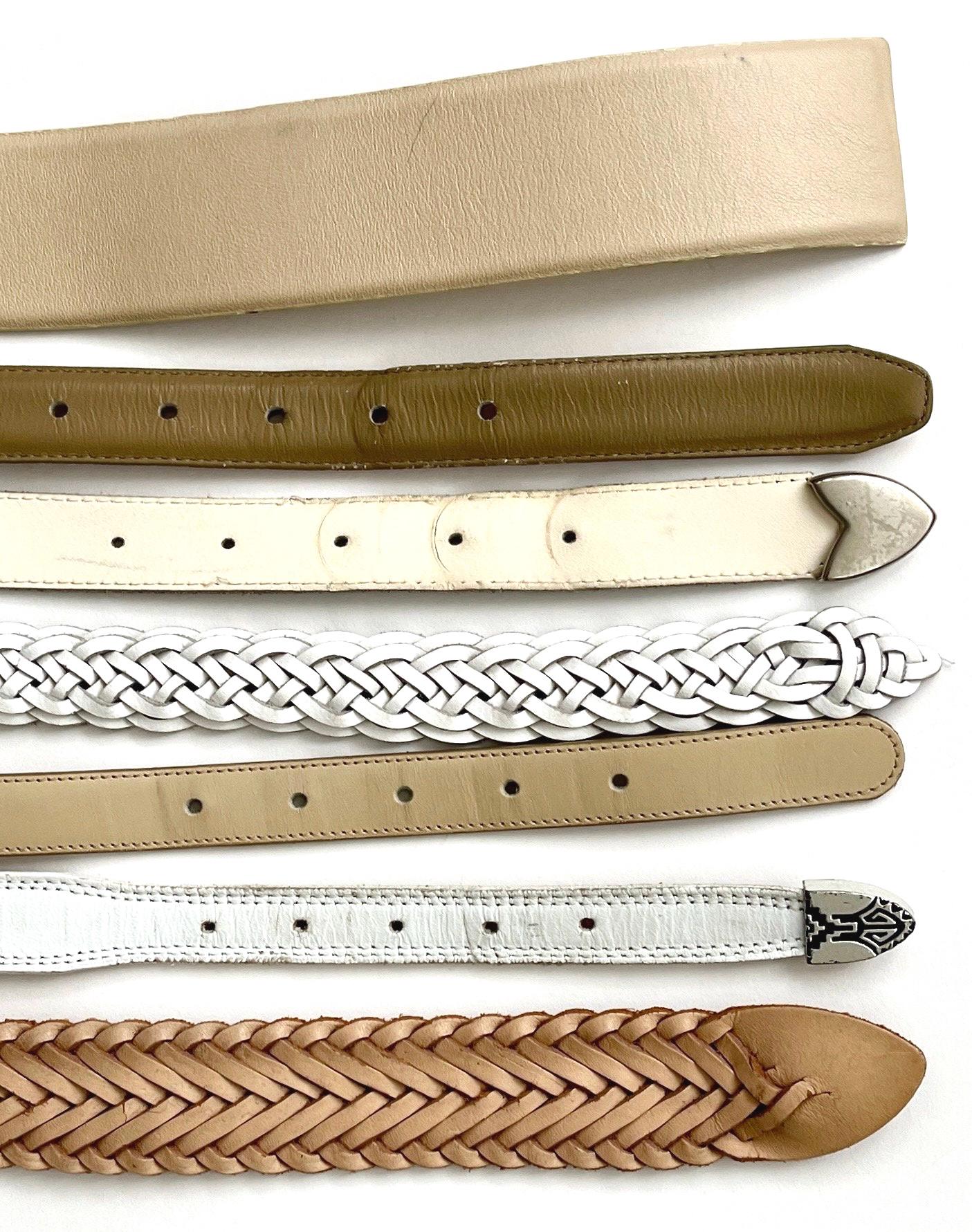 Vintage White Leather Belt Minimalist Braided Concho Western Woven Styles Ivory Beige Light Tan
