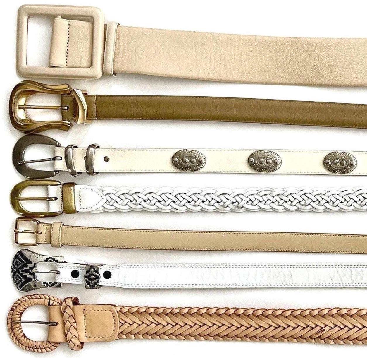 Vintage White Leather Belt Minimalist Braided Concho Western Woven Styles Ivory Beige Light Tan