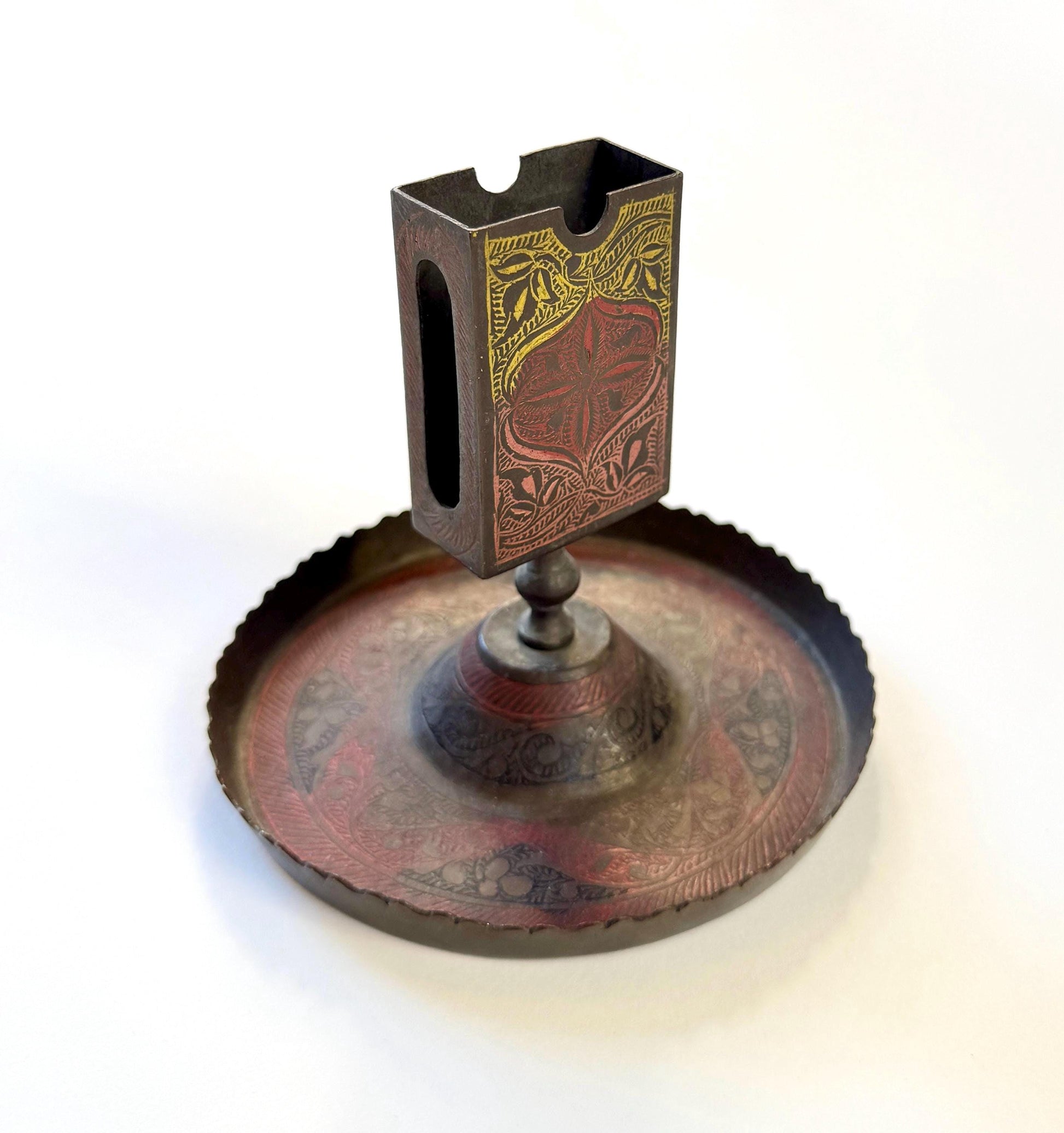 Old Indian Brass Bowl Incense Burner Holder Vintage Painted Floral Flowers Etched Pedestal Dish Made in India Very Aged Patina