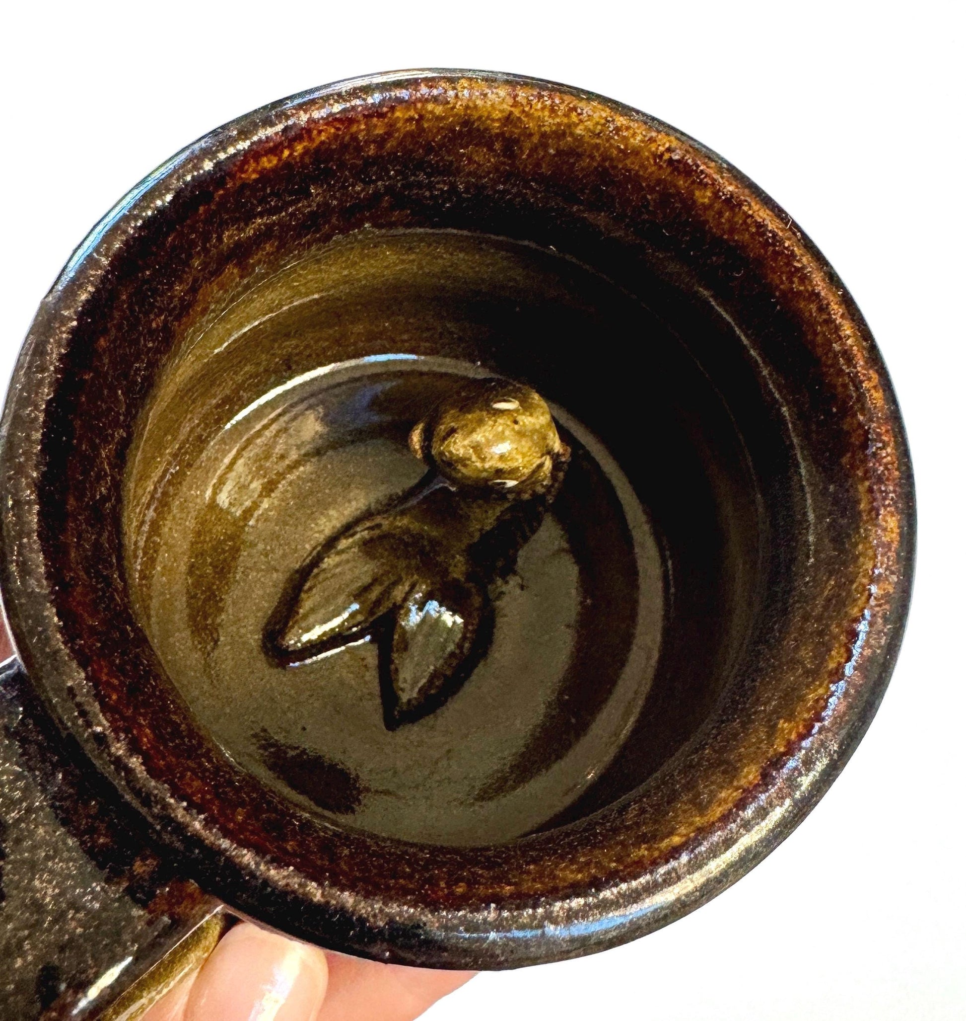 Studio Pottery Fish Mug Coffee Cup Vintage Signed Studio Ceramics Dark Brown Glazed 3D Fish Sculpture