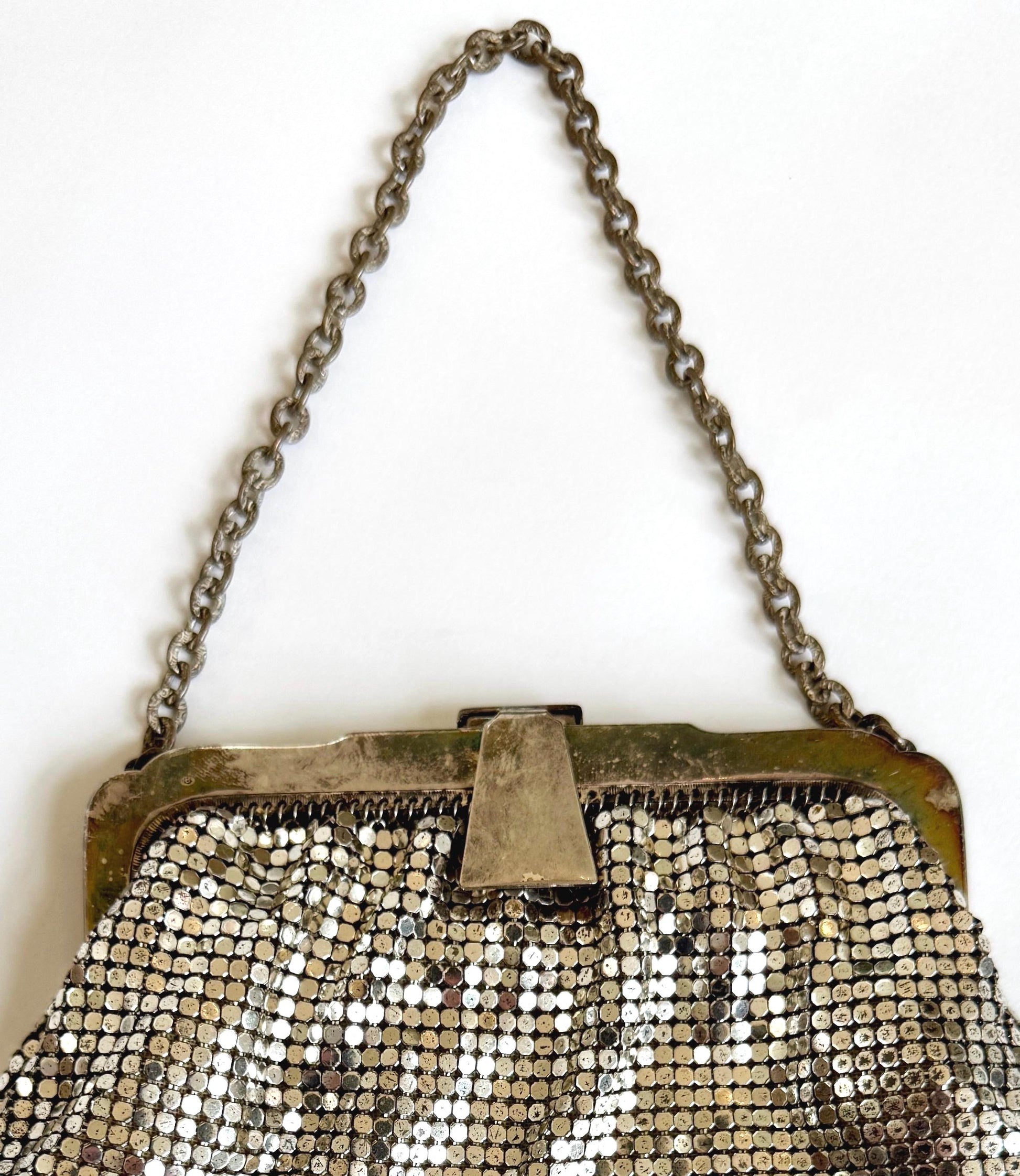 Silver Metal Mesh Bag Purse Vintage 30s 40s Whiting and Davis Metallic Chain Strap Made in USA