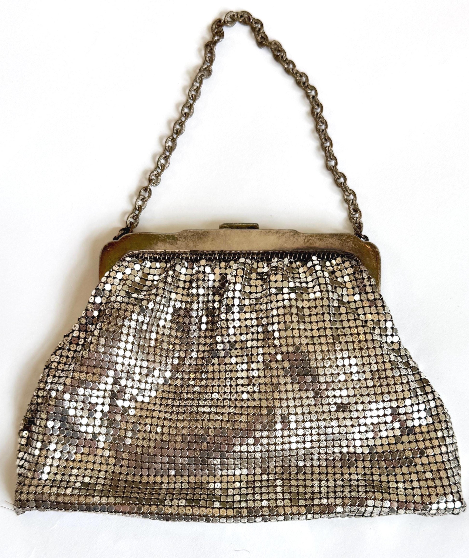 Silver Metal Mesh Bag Purse Vintage 30s 40s Whiting and Davis Metallic Chain Strap Made in USA
