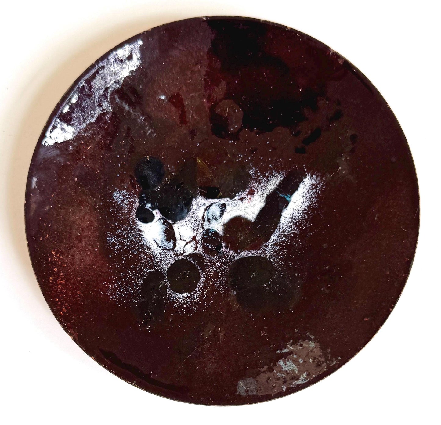 Mid Century French Enamel Trinket Dish Ashtray Dark Glossy Aubergine Enameled Copper Metal Tray