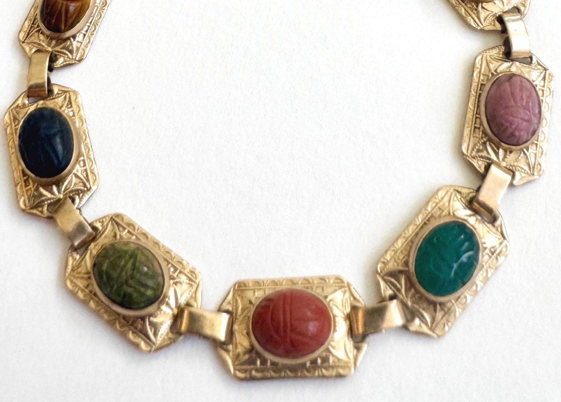 Vintage 10K Gold Scarab Bracelet, Carved Gemstone Egyptian Revival
