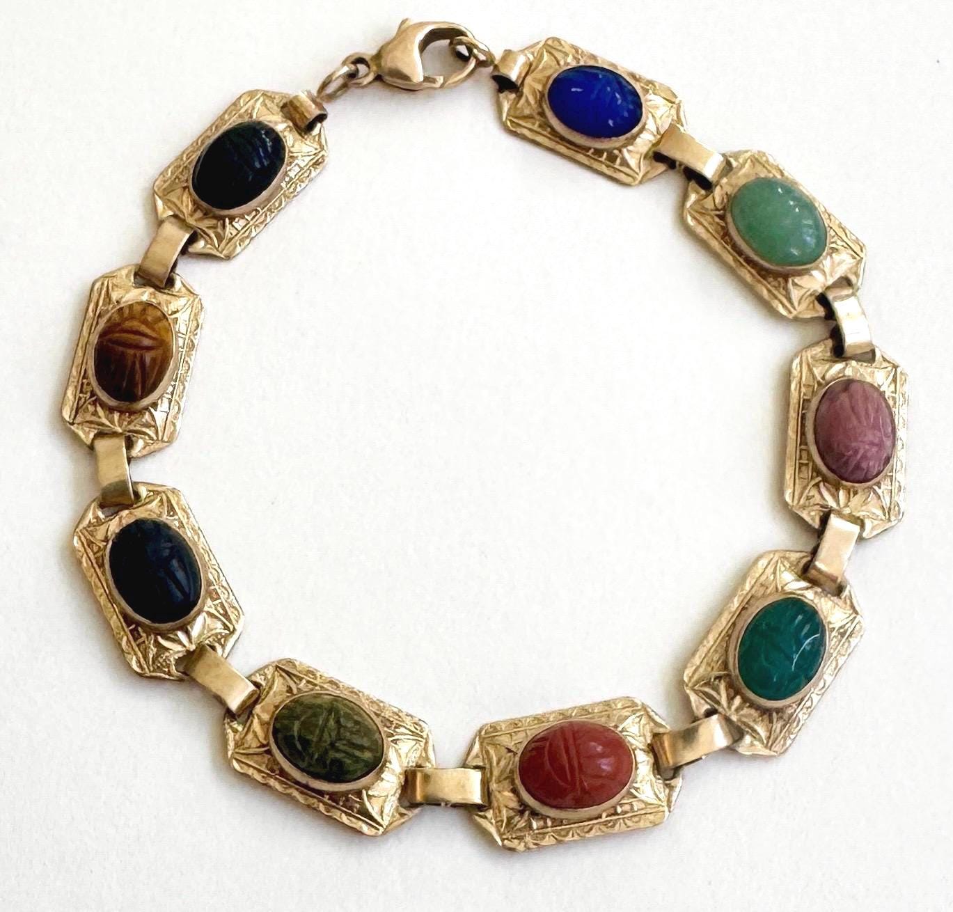 Vintage 10K Gold Scarab Bracelet, Carved Gemstone Egyptian Revival