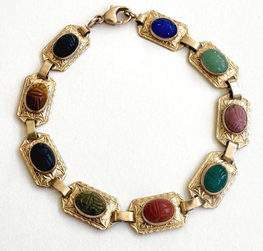 Vintage 10K Gold Scarab Bracelet, Carved Gemstone Egyptian Revival