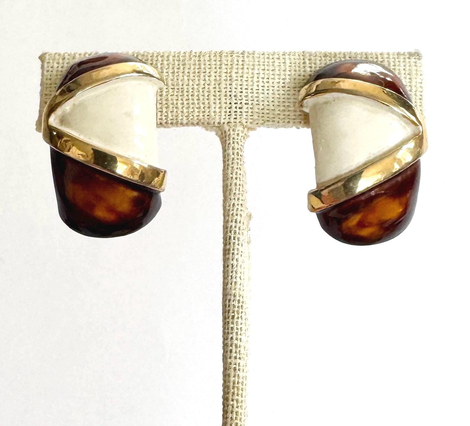 Chunky 80s Gold Earrings Faux Tortoise Shell Enamel Clip On Style