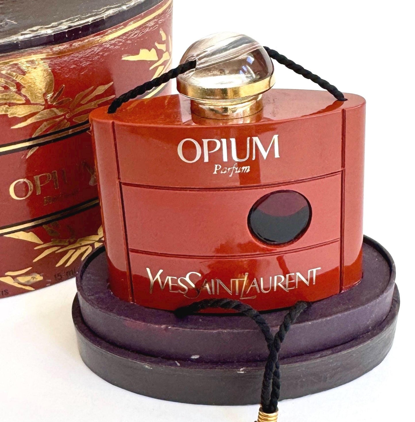 Yves Saint Laurent Opium Parfum Vintage 70s Red Case Perfume Vial Bottle Original Gold Bead Black Satin Tassel