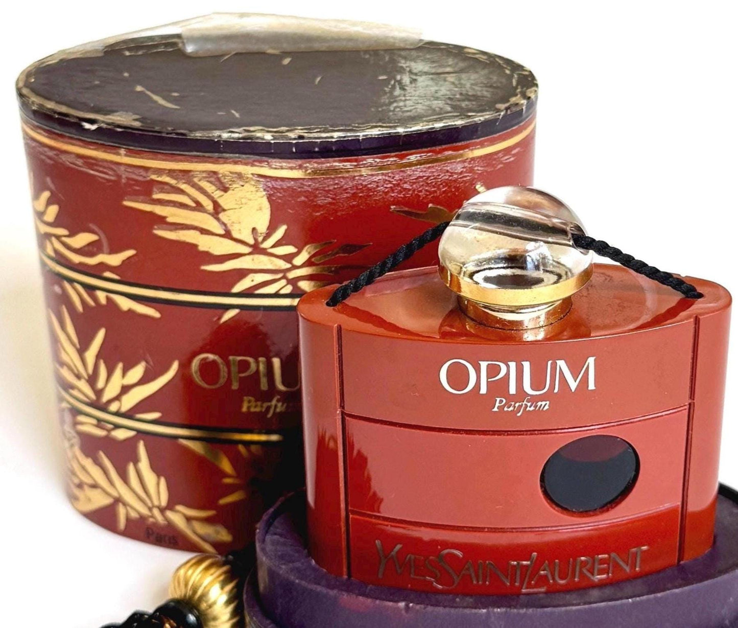 Yves Saint Laurent Opium Parfum Vintage 70s Red Case Perfume Vial Bottle Original Gold Bead Black Satin Tassel