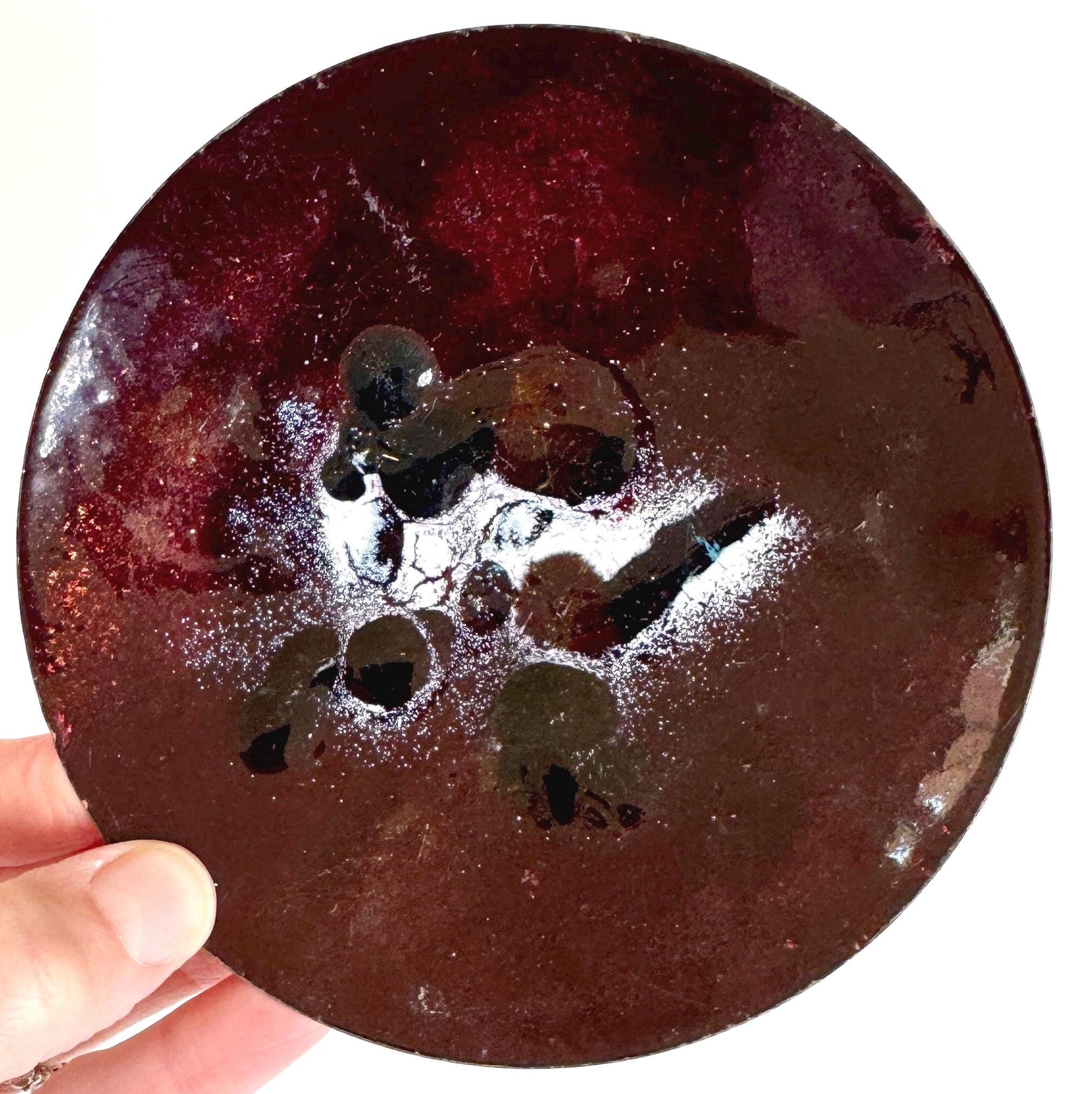 Mid Century French Enamel Trinket Dish Ashtray Dark Glossy Aubergine Enameled Copper Metal Tray