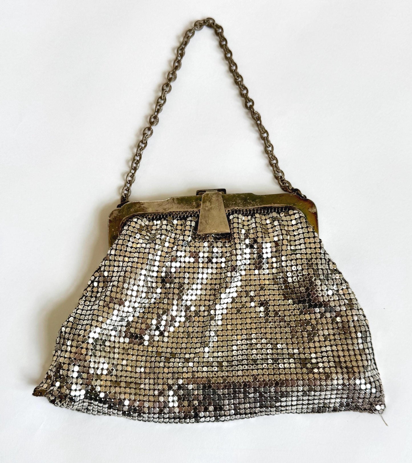 Silver Metal Mesh Bag Purse Vintage 30s 40s Whiting and Davis Metallic Chain Strap Made in USA
