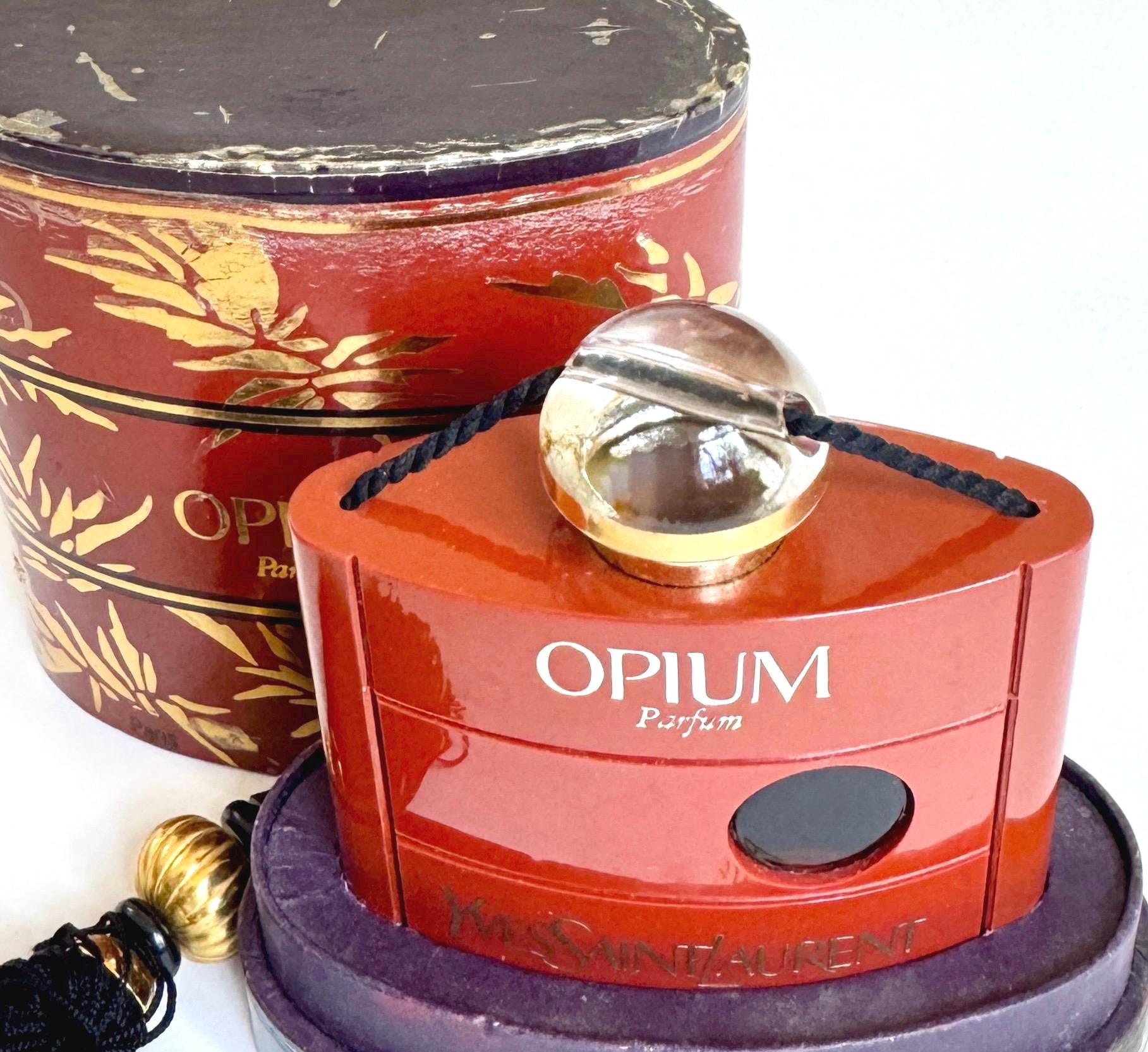 Yves Saint Laurent Opium Parfum Vintage 70s Red Case Perfume Vial Bottle Original Gold Bead Black Satin Tassel