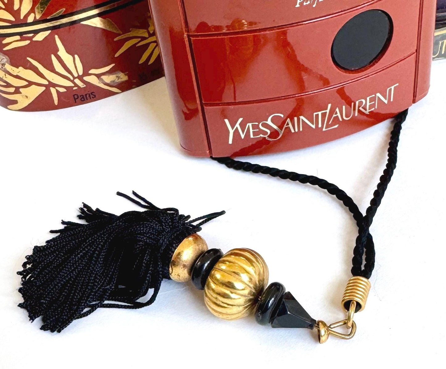 Yves Saint Laurent Opium Parfum Vintage 70s Red Case Perfume Vial Bottle Original Gold Bead Black Satin Tassel