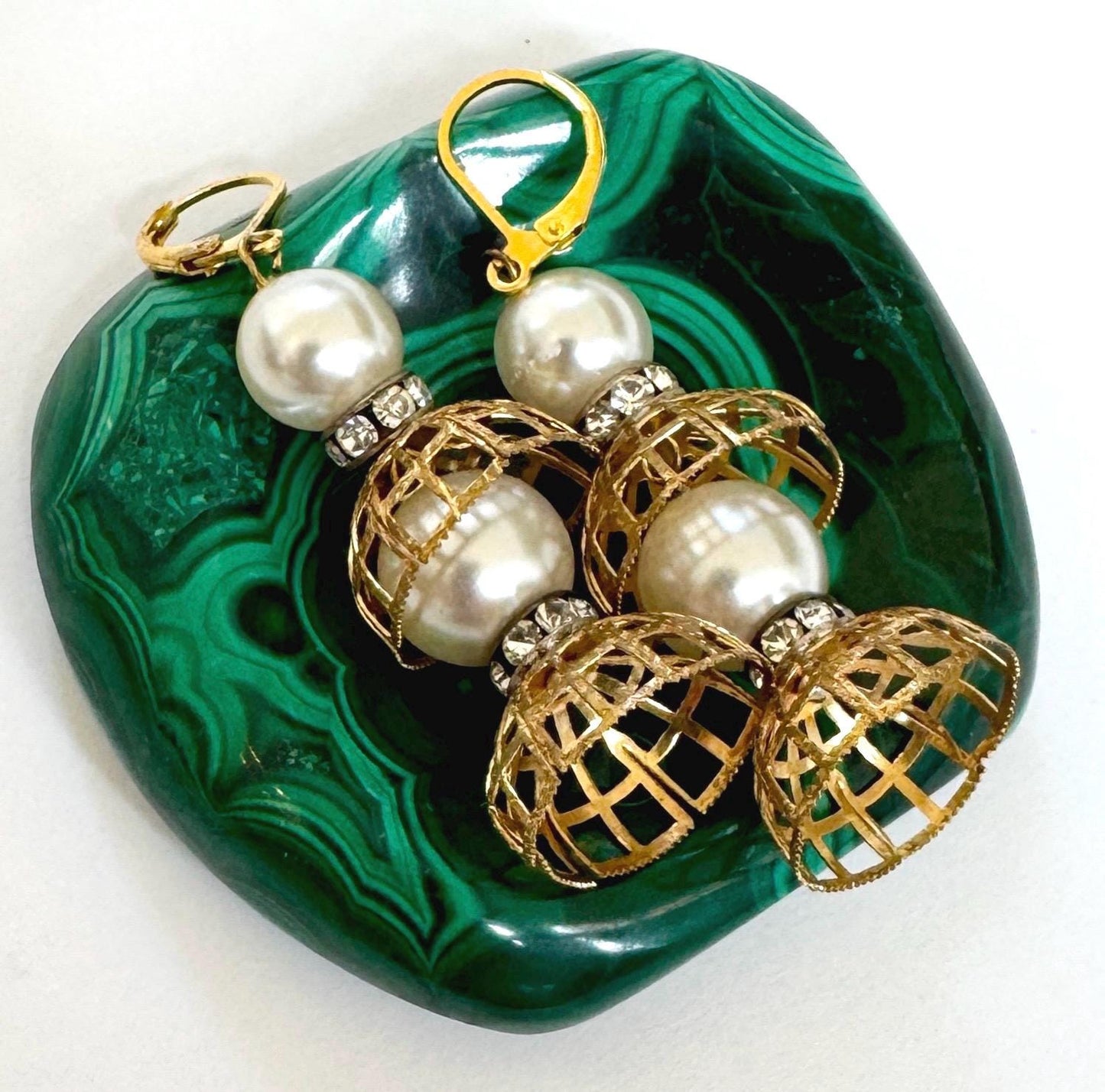Vintage Gold Cage Earrings 2.25" Dangle Drop Style Faux Pearl Beads Clear Diamanté Crystal Costume Jewelry