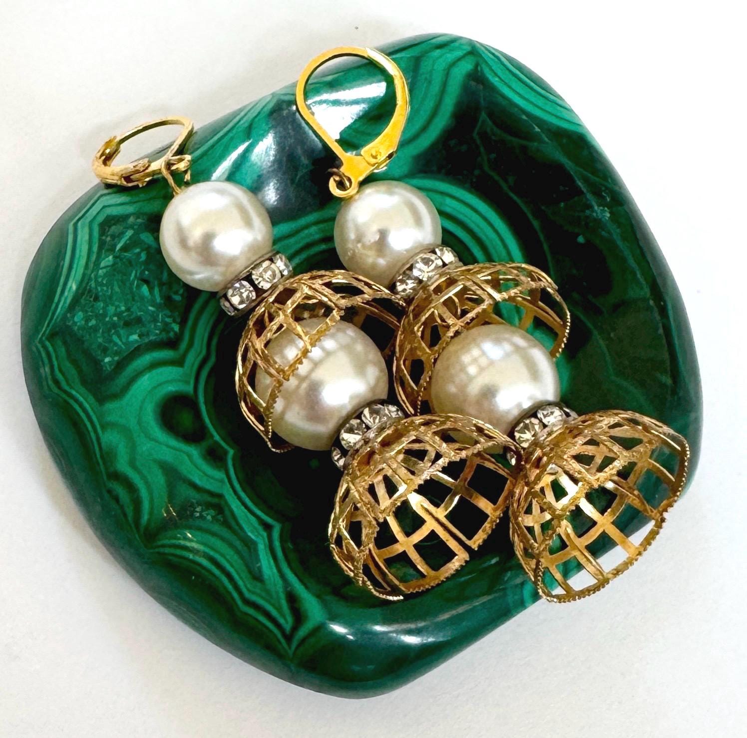 Vintage Gold Cage Earrings 2.25" Dangle Drop Style Faux Pearl Beads Clear Diamanté Crystal Costume Jewelry