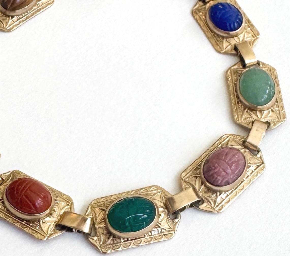 Vintage 10K Gold Scarab Bracelet, Carved Gemstone Egyptian Revival