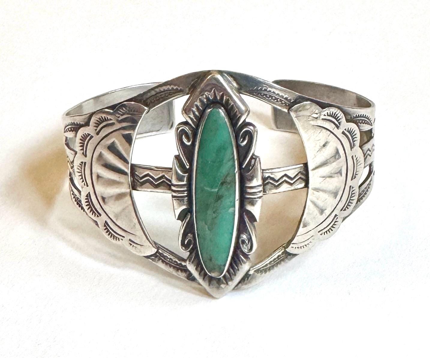 Wide Bell Trading Turquoise Cuff Bracelet Vintage Native American Navajo Southwest Trading Post Era