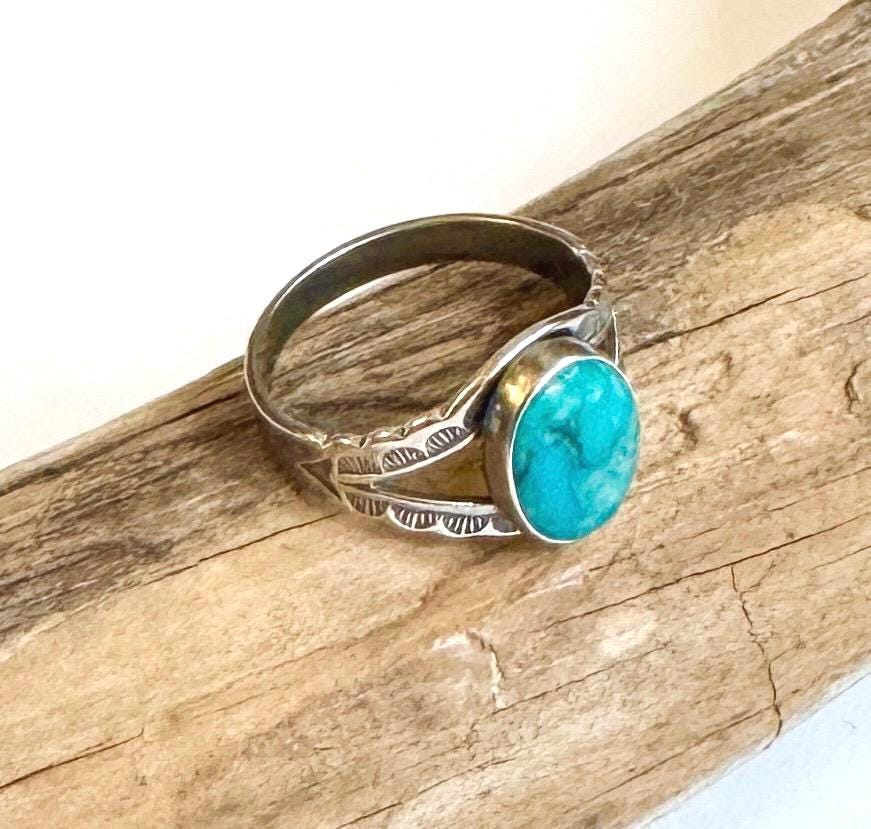 Antique Navajo Turquoise Ring 20s 30s 40s Native American Sterling Oval Cabochon Hand Stamped Band Size 5.75
