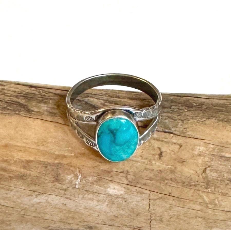 Antique Navajo Turquoise Ring 20s 30s 40s Native American Sterling Oval Cabochon Hand Stamped Band Size 5.75