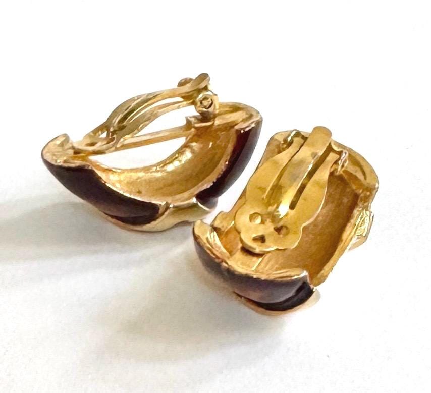 Chunky 80s Gold Earrings Faux Tortoise Shell Enamel Clip On Style