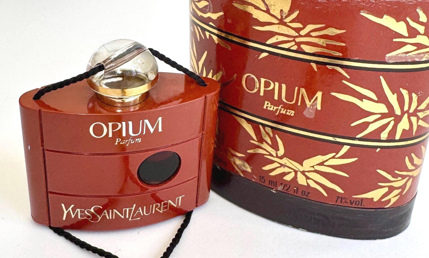 Yves Saint Laurent Opium Parfum Vintage 70s Red Case Perfume Vial Bottle Original Gold Bead Black Satin Tassel