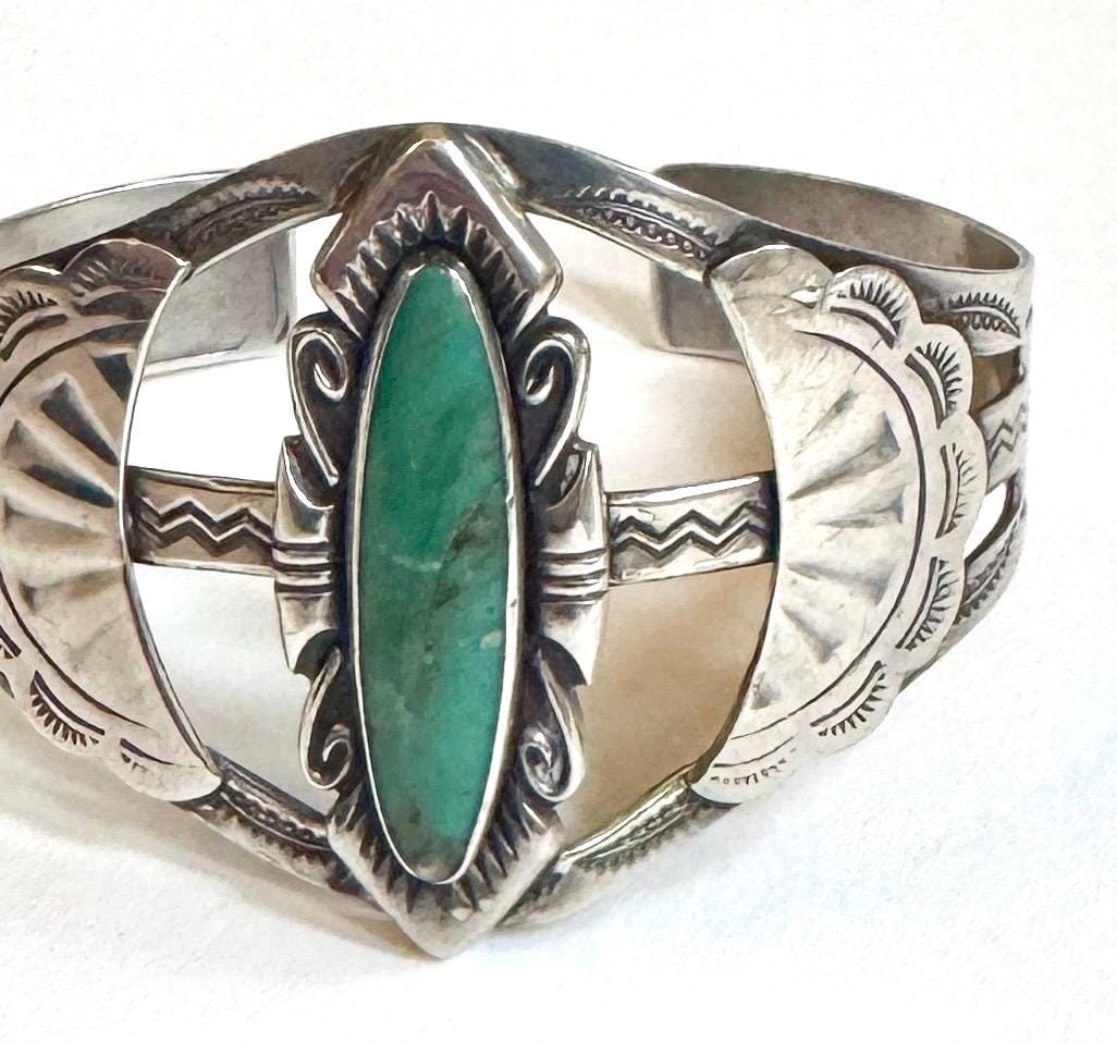 Wide Bell Trading Turquoise Cuff Bracelet Vintage Native American Navajo Southwest Trading Post Era